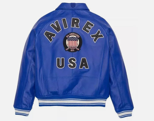 Avirex Men’s Blue American bomber Flight style Genuine Cowhide Leather Jacket
