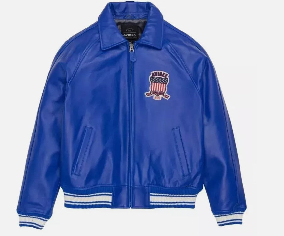 Avirex Men’s Blue American bomber Flight style Genuine Cowhide Leather Jacket