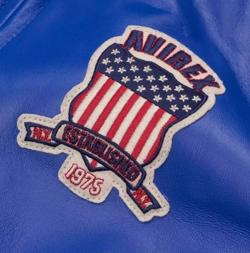Avirex Men’s Blue American bomber Flight style Genuine Cowhide Leather Jacket