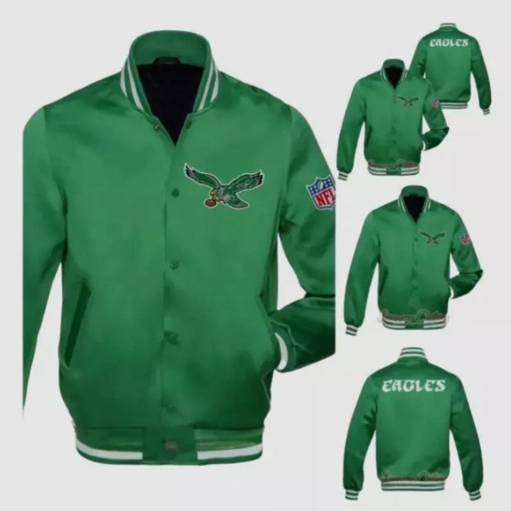 80's Philadelphia Eagles Kelly Green Satin Vintage Bomber Varsity Jacket Varsity