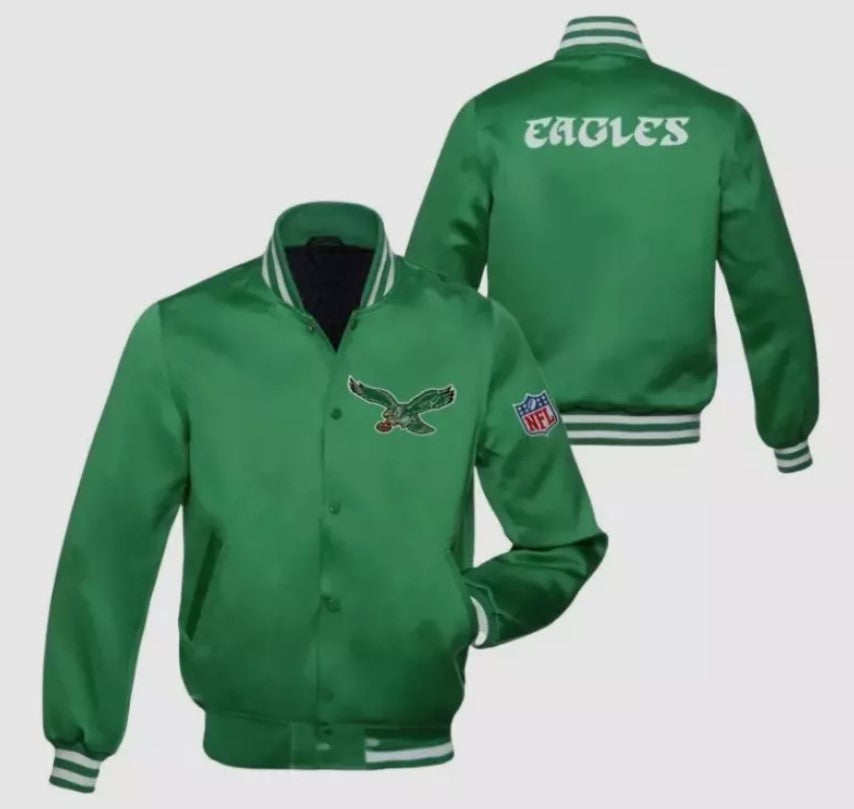 80's Philadelphia Eagles Kelly Green Satin Vintage Bomber Varsity Jacket Varsity