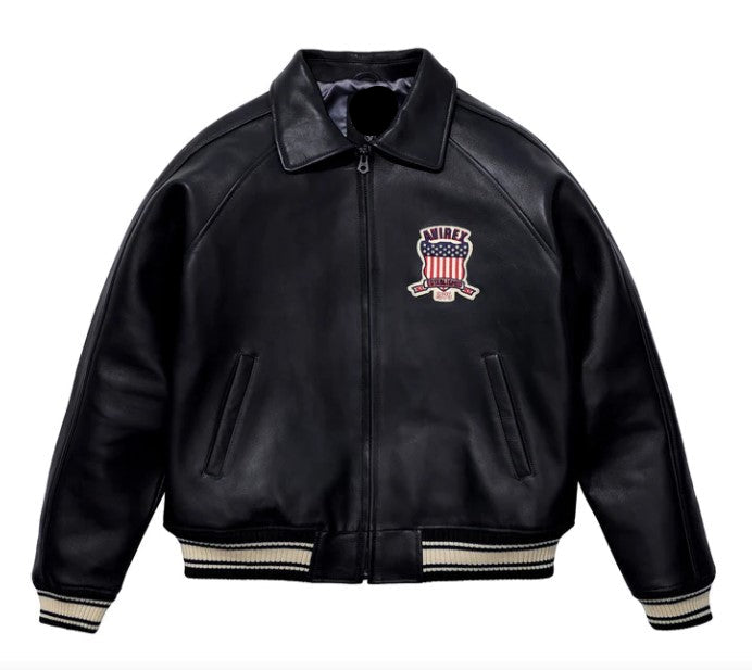 Avirex Men’s Black American bomber Flight style Genuine Cowhide Leather Jacket