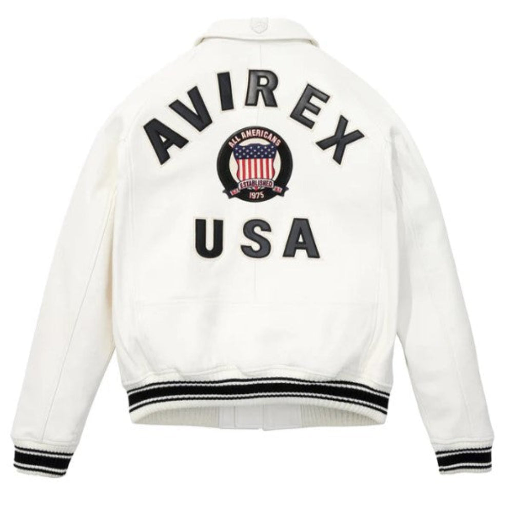Avirex Men’s White American bomber Flight style Genuine Cowhide Leather Jacket