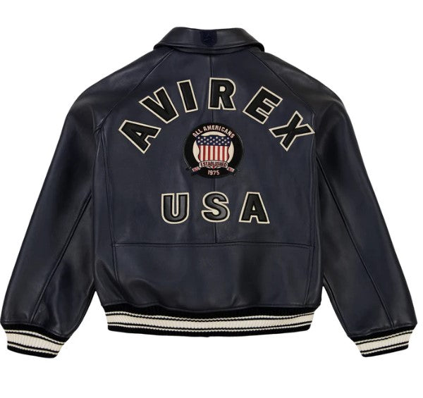 Avirex Men’s Navy Blue American bomber Flight style Genuine Cowhide Leather Jacket