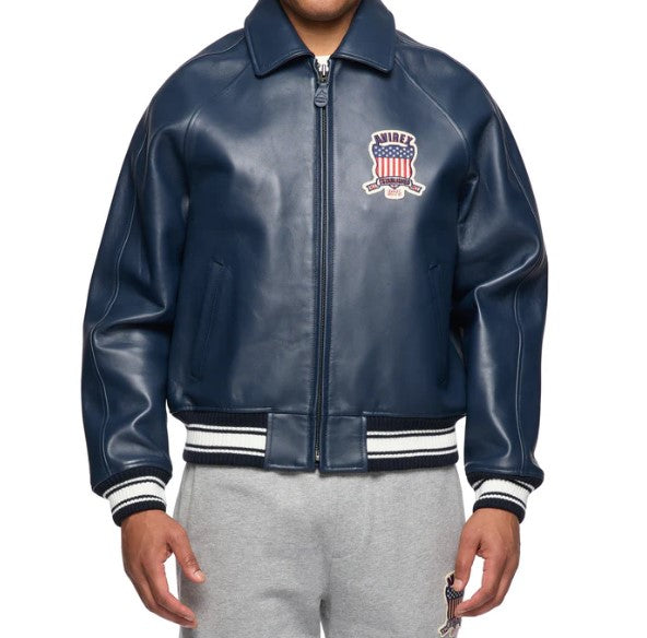 Avirex Men’s Navy Blue American bomber Flight style Genuine Cowhide Leather Jacket