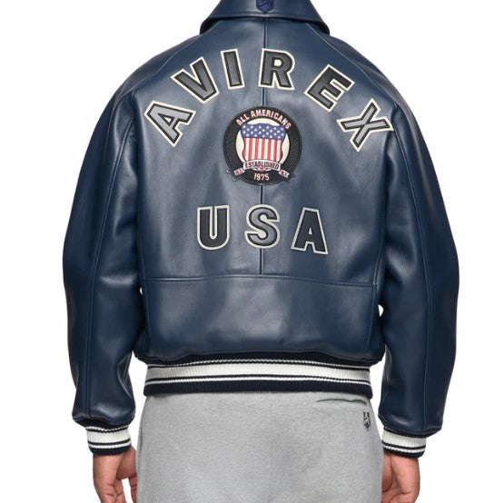 Avirex Men’s Navy Blue American bomber Flight style Genuine Cowhide Leather Jacket