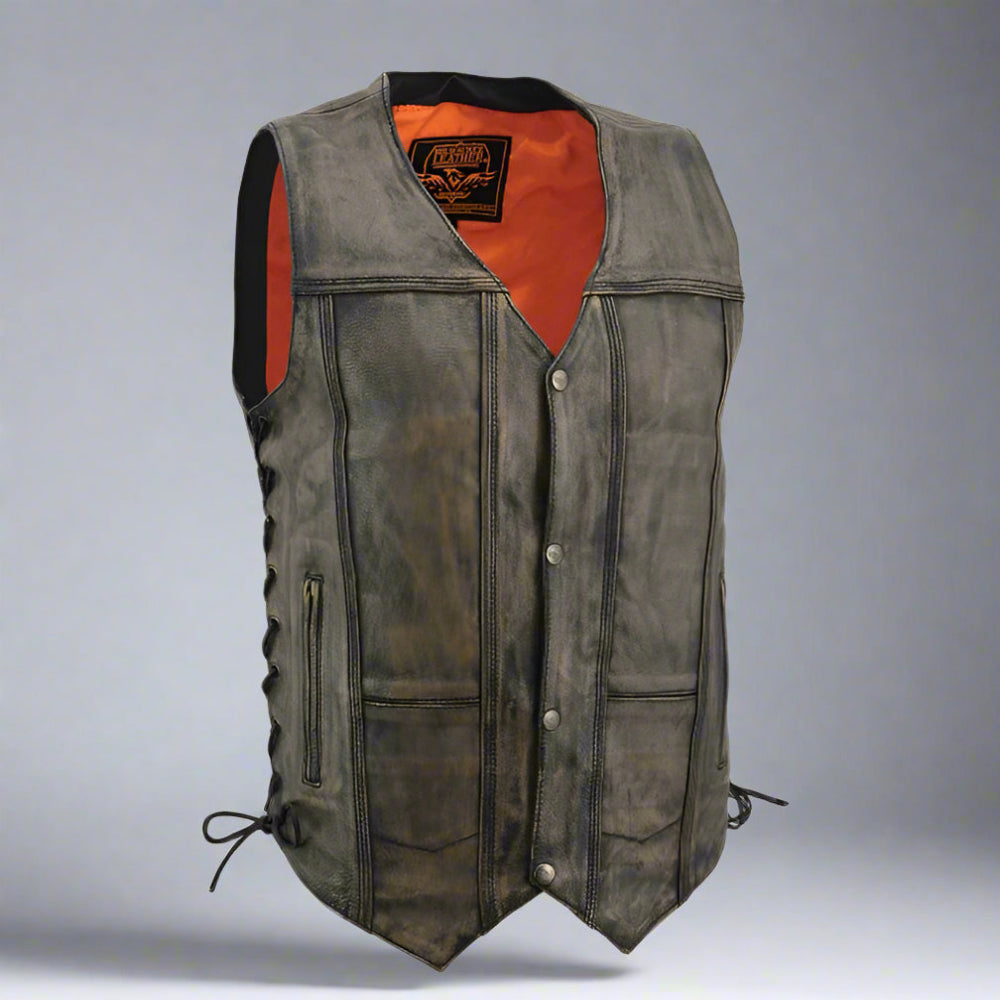 BROWN Men's Roulette Distressed Brown 10 Pocket Motorcycle Leather Vest