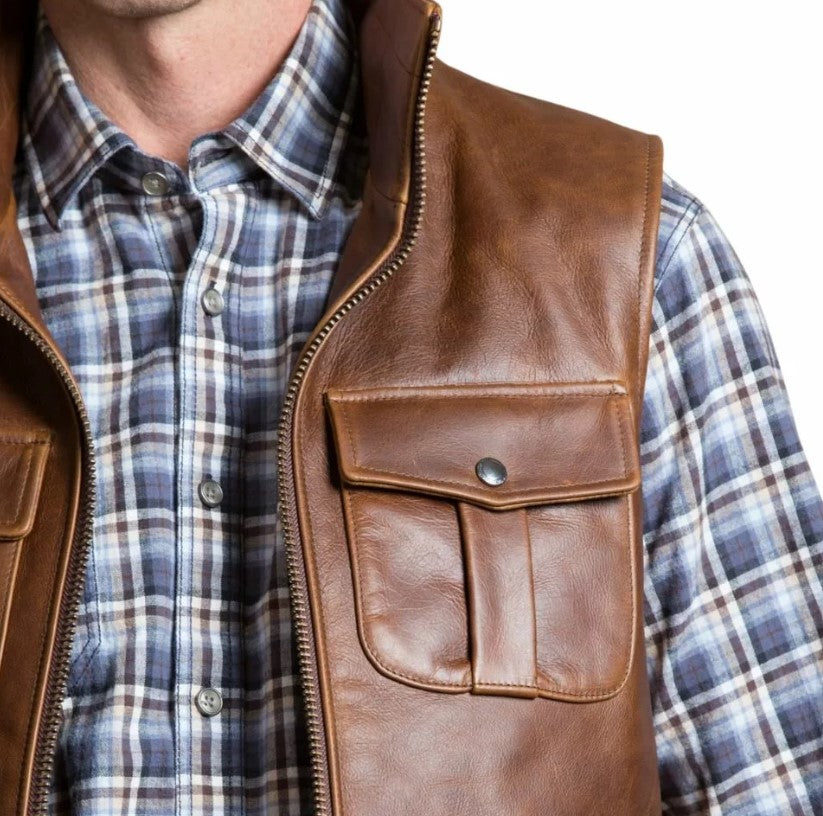 Vintage Brown Men's Genuine Leather Motorcycle Vest – Classic Sleeveless Biker Style with Chest & Interior Pockets