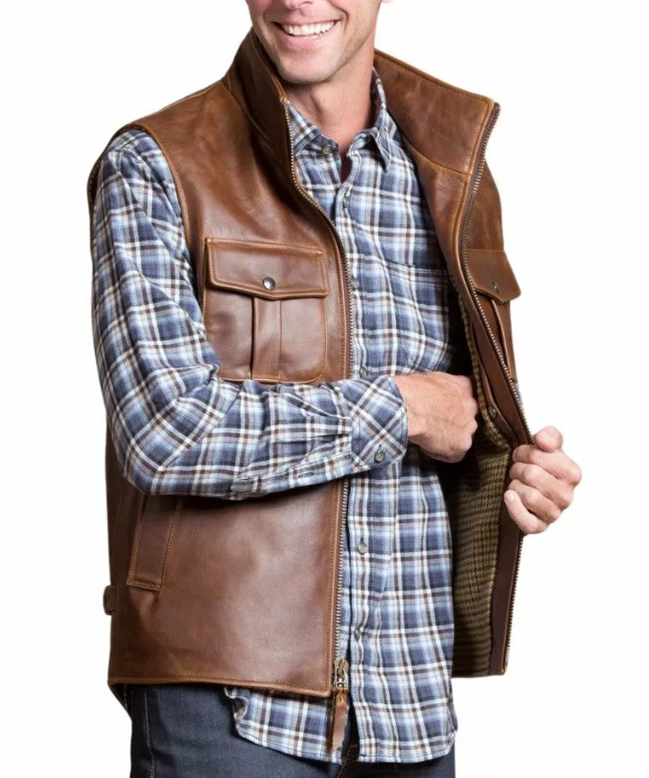 Vintage Brown Men's Genuine Leather Motorcycle Vest – Classic Sleeveless Biker Style with Chest & Interior Pockets