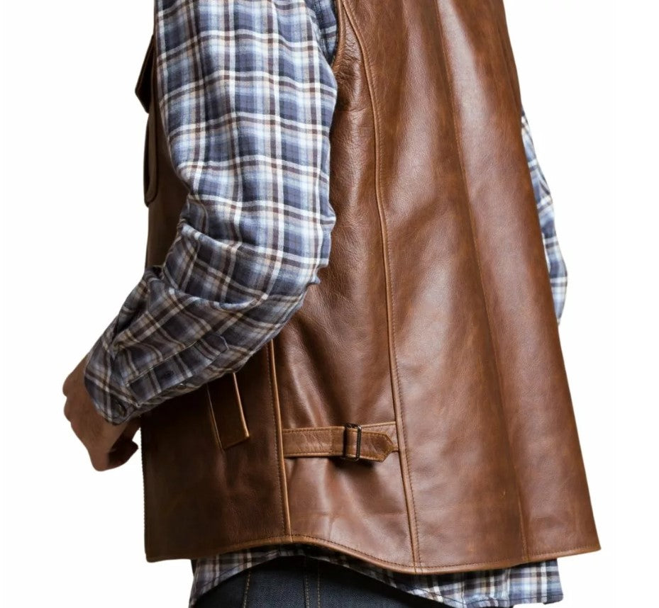 Vintage Brown Men's Genuine Leather Motorcycle Vest – Classic Sleeveless Biker Style with Chest & Interior Pockets