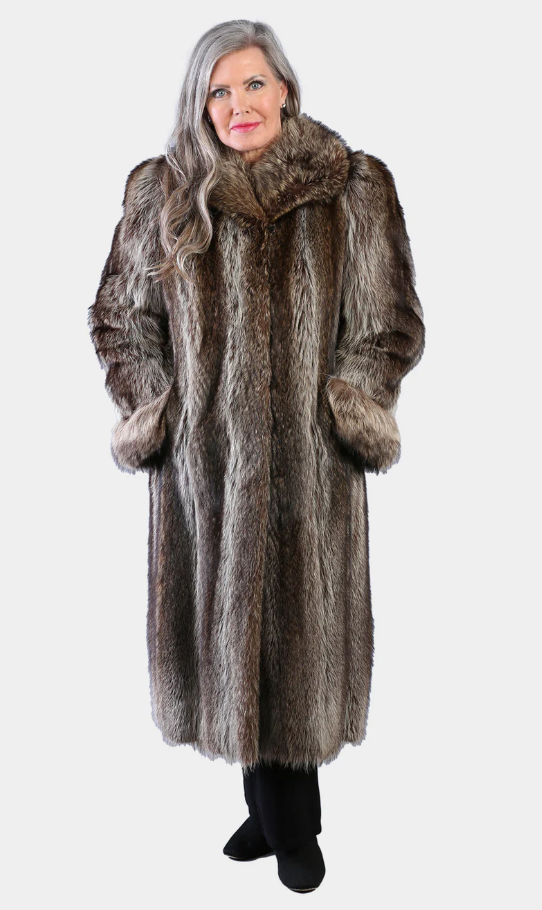 Women Fur Coat Black Stitching Lining Centre Fur Extra Long Length