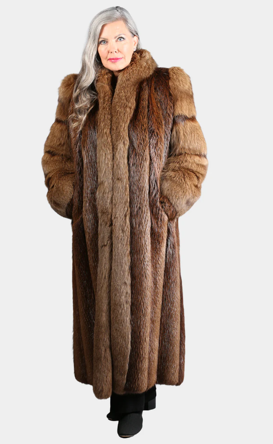 Woman's Dyed Brown Long Hair Beaver Fur Coat with Fox Sleeves and Tuxedo Front Premium Print