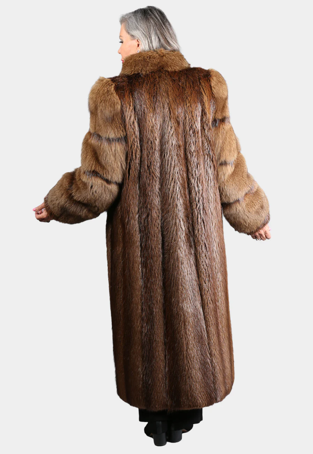 Woman's Dyed Brown Long Hair Beaver Fur Coat with Fox Sleeves and Tuxedo Front Premium Print