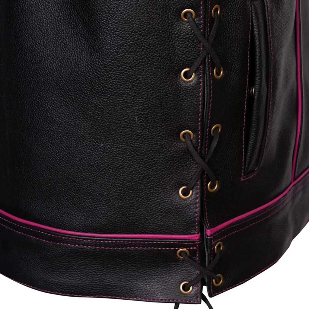 Handmade Leather Biker Vest: Diamond Quilted Black & Pink Motorcycle Riding Vest