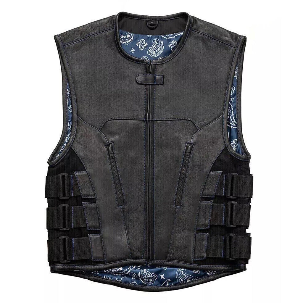 Men's Black Leather Motorcycle Club Vest with Triple Side Straps & Blue Paisley