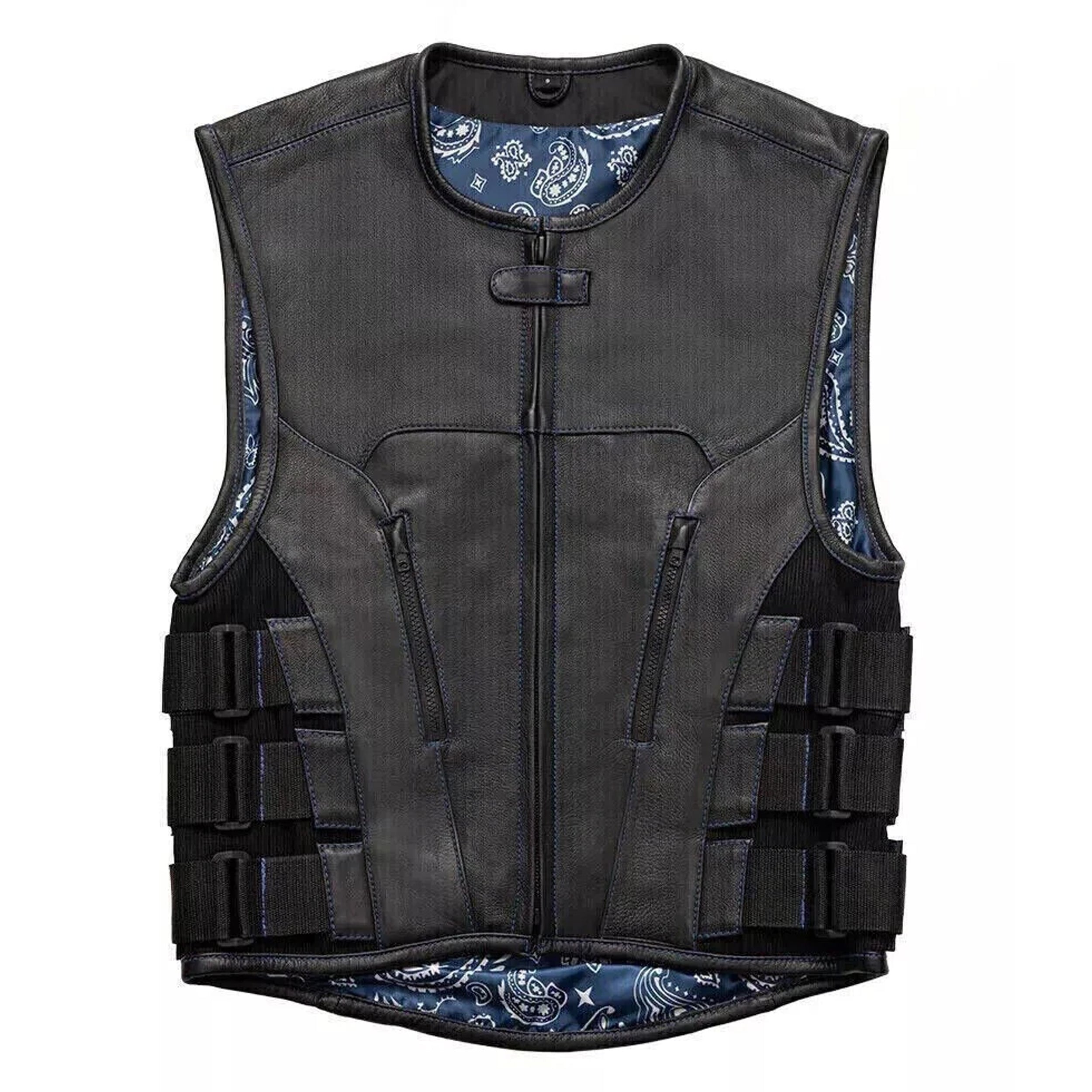 Men's Black Leather Motorcycle Club Vest with Triple Side Straps & Blue Paisley
