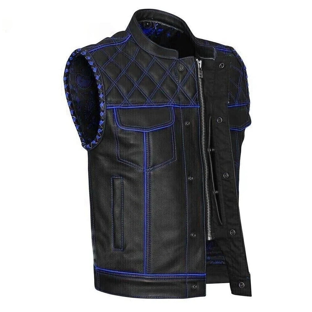 Men's Black Leather Diamond Stitch Motorcycle Vest Concealed Carry Blue Lining