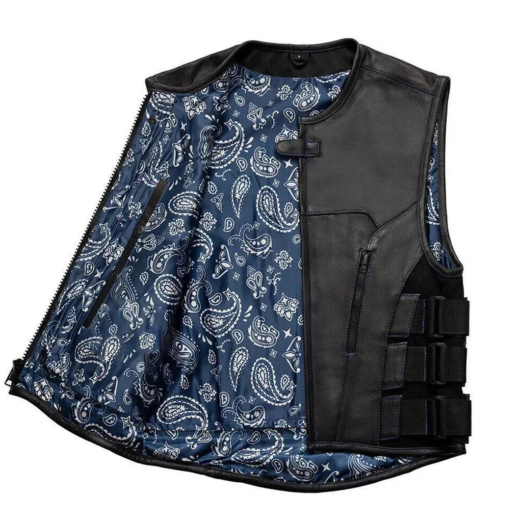 Men's Black Leather Motorcycle Club Vest with Triple Side Straps & Blue Paisley