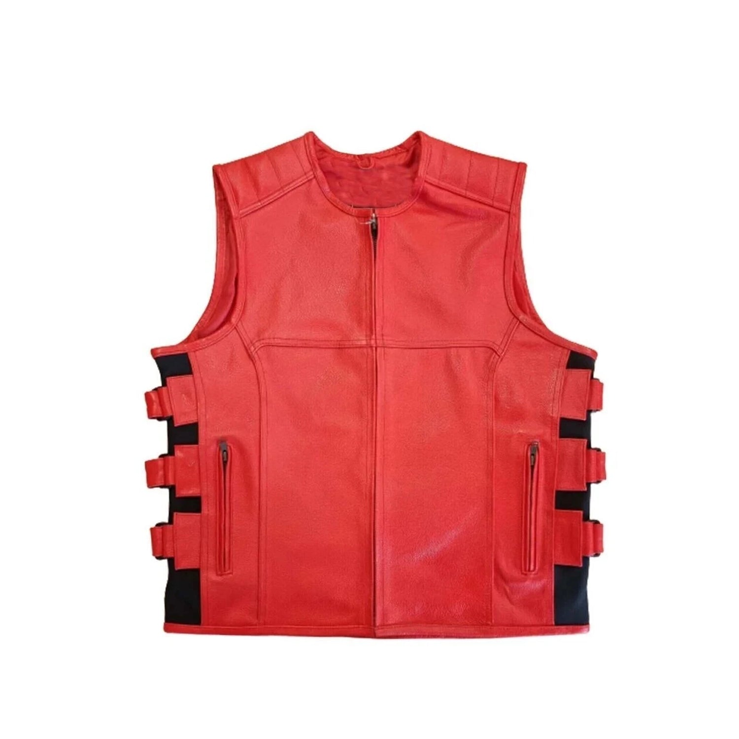 Men's Red Leather Motorcycle Vest – Side Buckle Straps, Front Zipper & Club Style Biker Vest