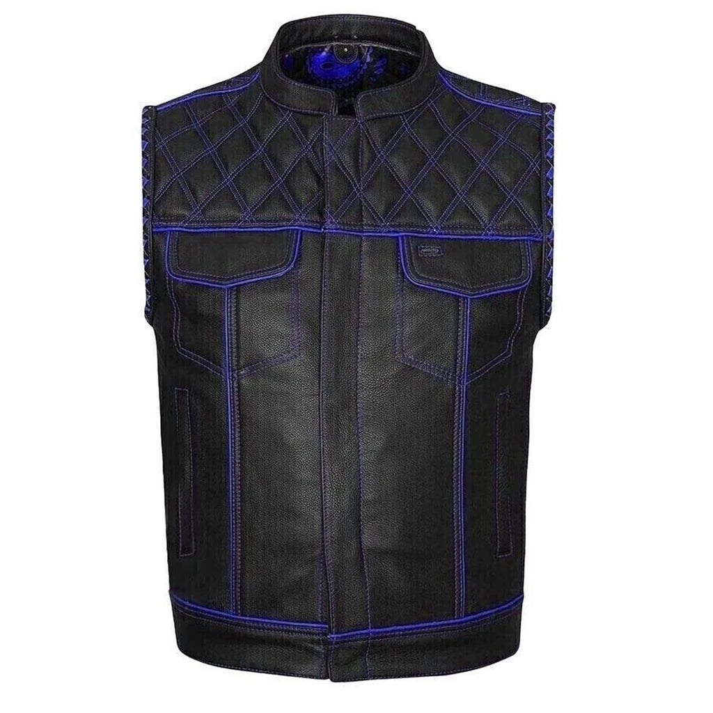 Men's Black Leather Diamond Stitch Motorcycle Vest Concealed Carry Blue Lining