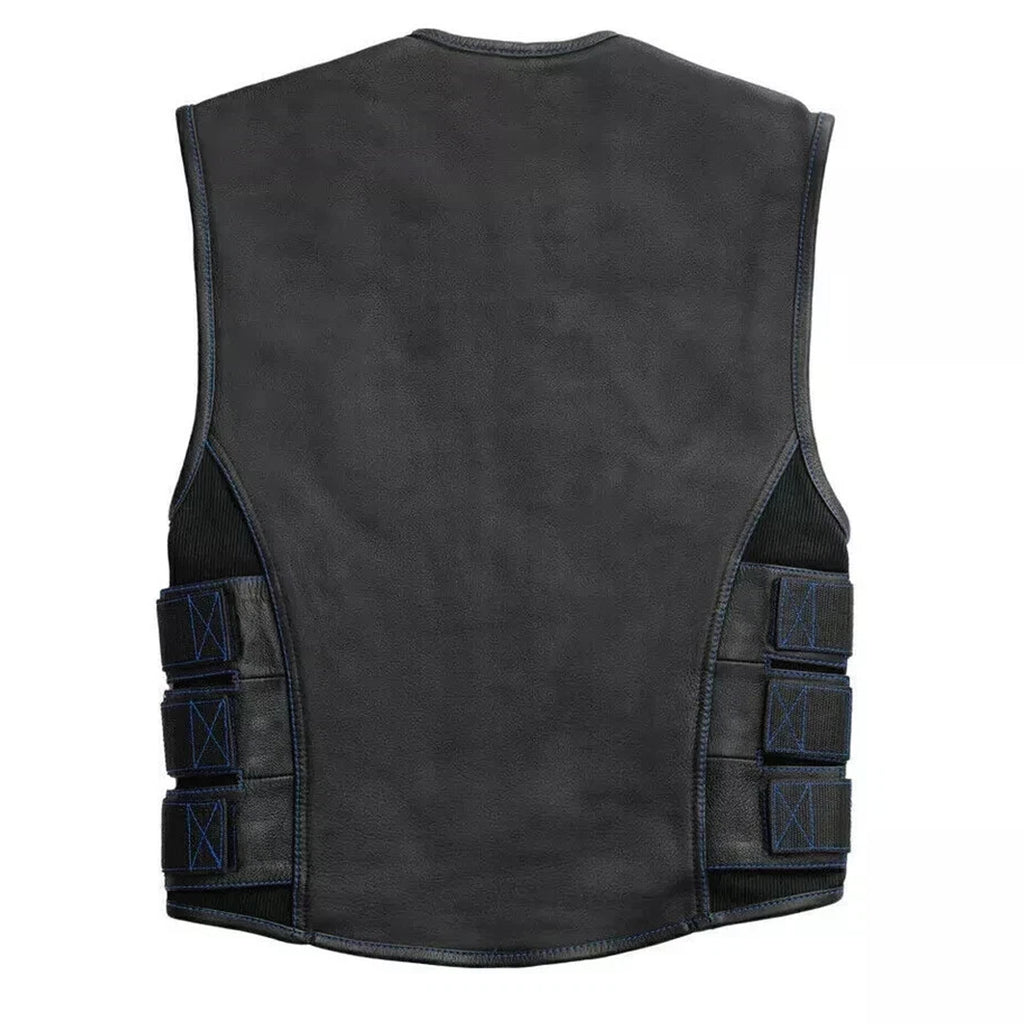 Men's Black Leather Motorcycle Club Vest with Triple Side Straps & Blue Paisley