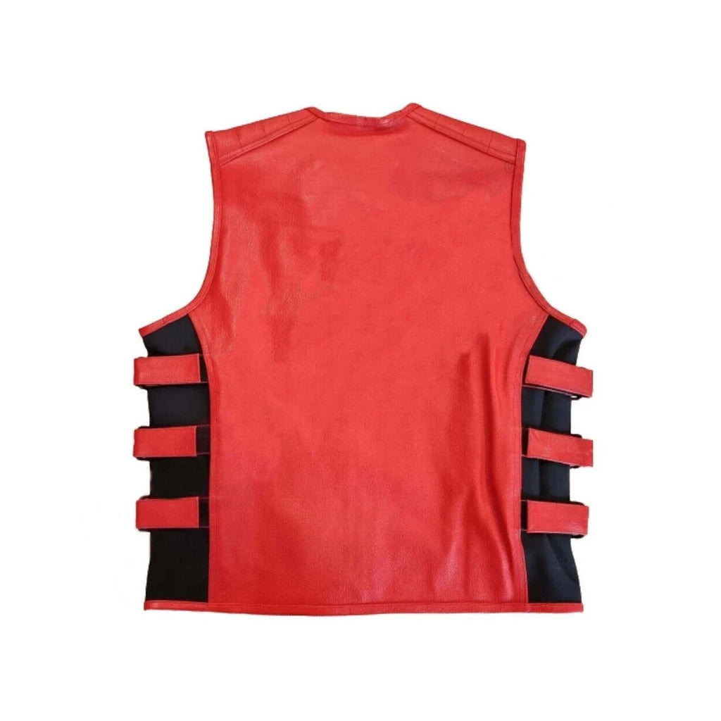 Men's Red Leather Motorcycle Vest – Side Buckle Straps, Front Zipper & Club Style Biker Vest