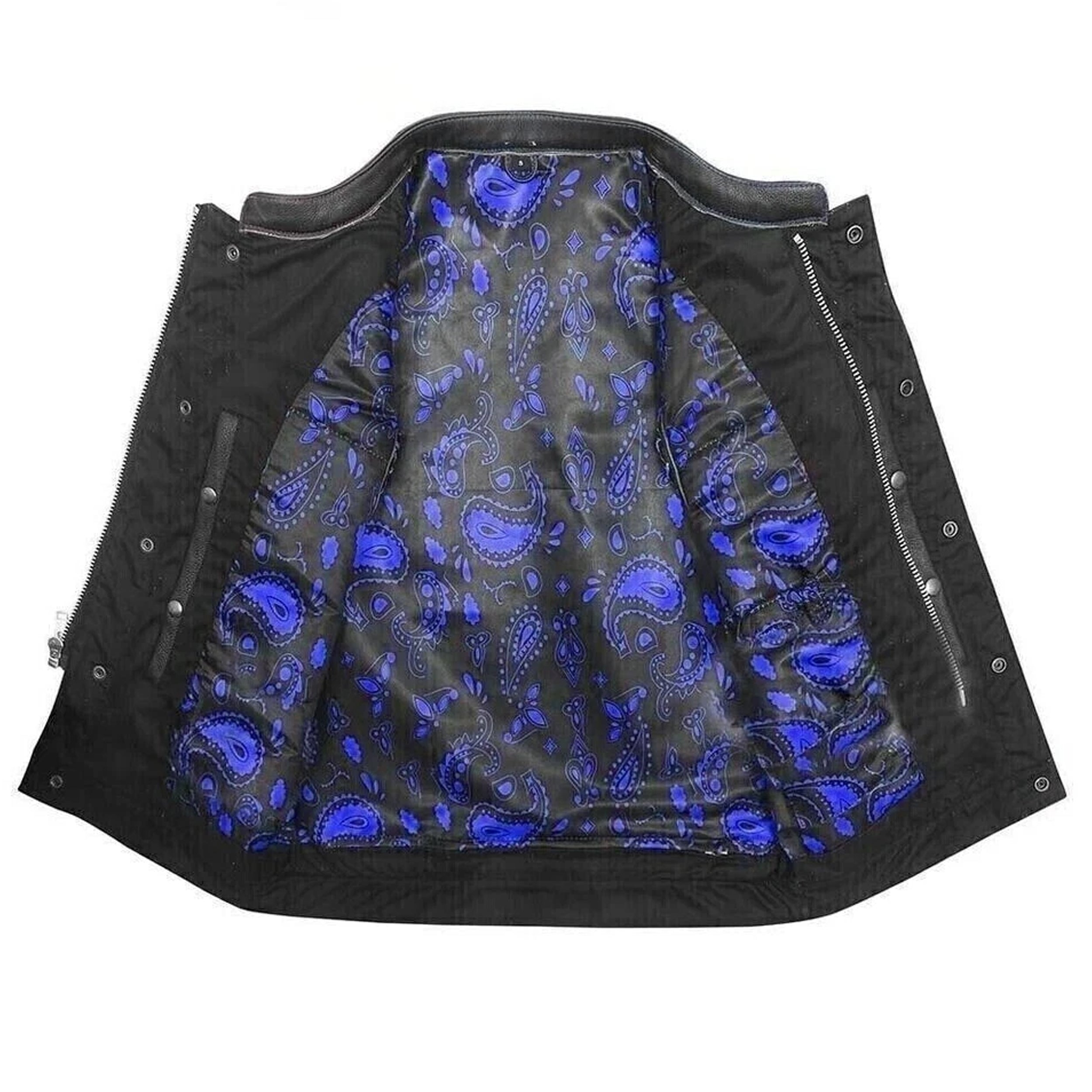 Men's Black Leather Diamond Stitch Motorcycle Vest Concealed Carry Blue Lining
