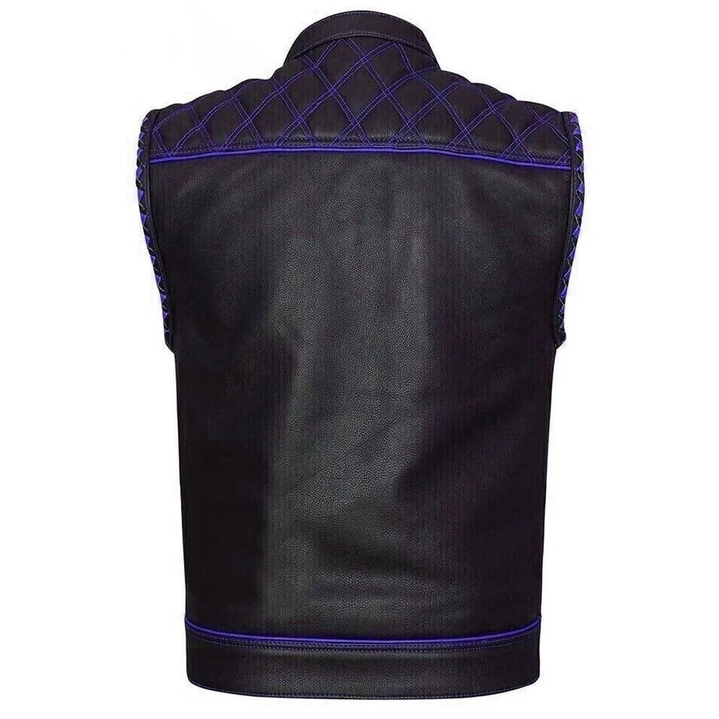 Men's Black Leather Diamond Stitch Motorcycle Vest Concealed Carry Blue Lining