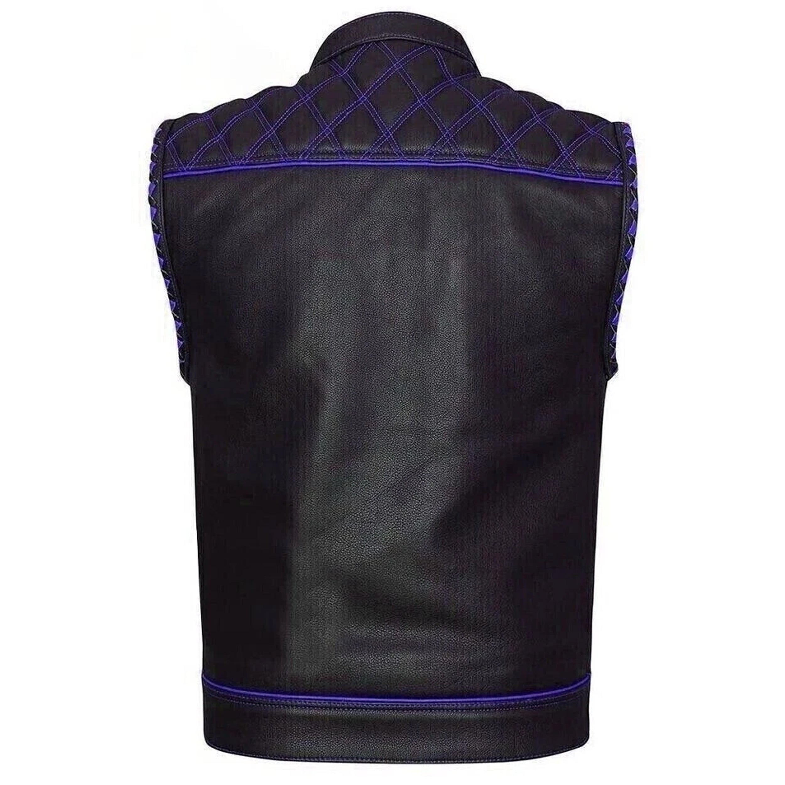 Men's Black Leather Diamond Stitch Motorcycle Vest Concealed Carry Blue Lining