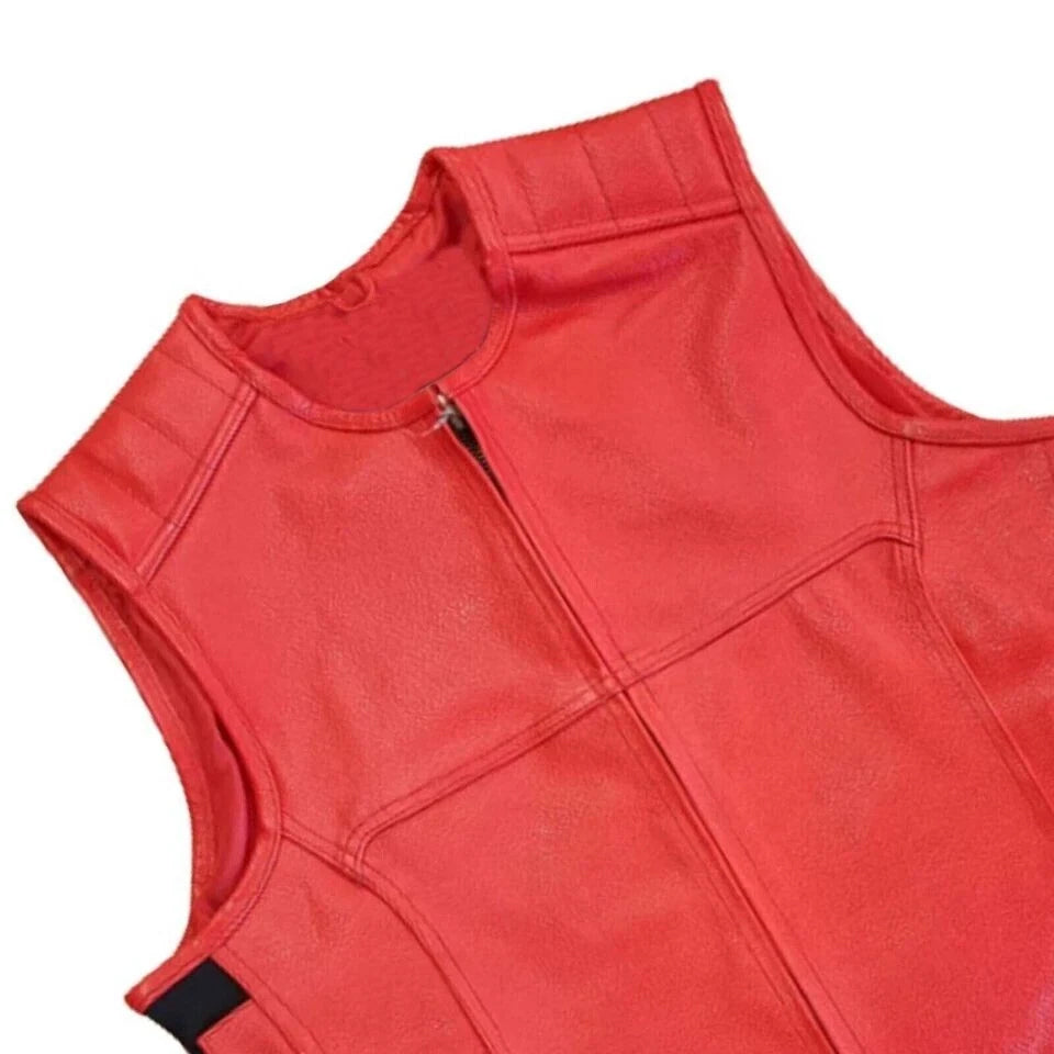 Men's Red Leather Motorcycle Vest – Side Buckle Straps, Front Zipper & Club Style Biker Vest