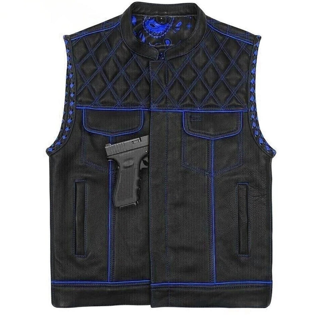 Men's Black Leather Diamond Stitch Motorcycle Vest Concealed Carry Blue Lining