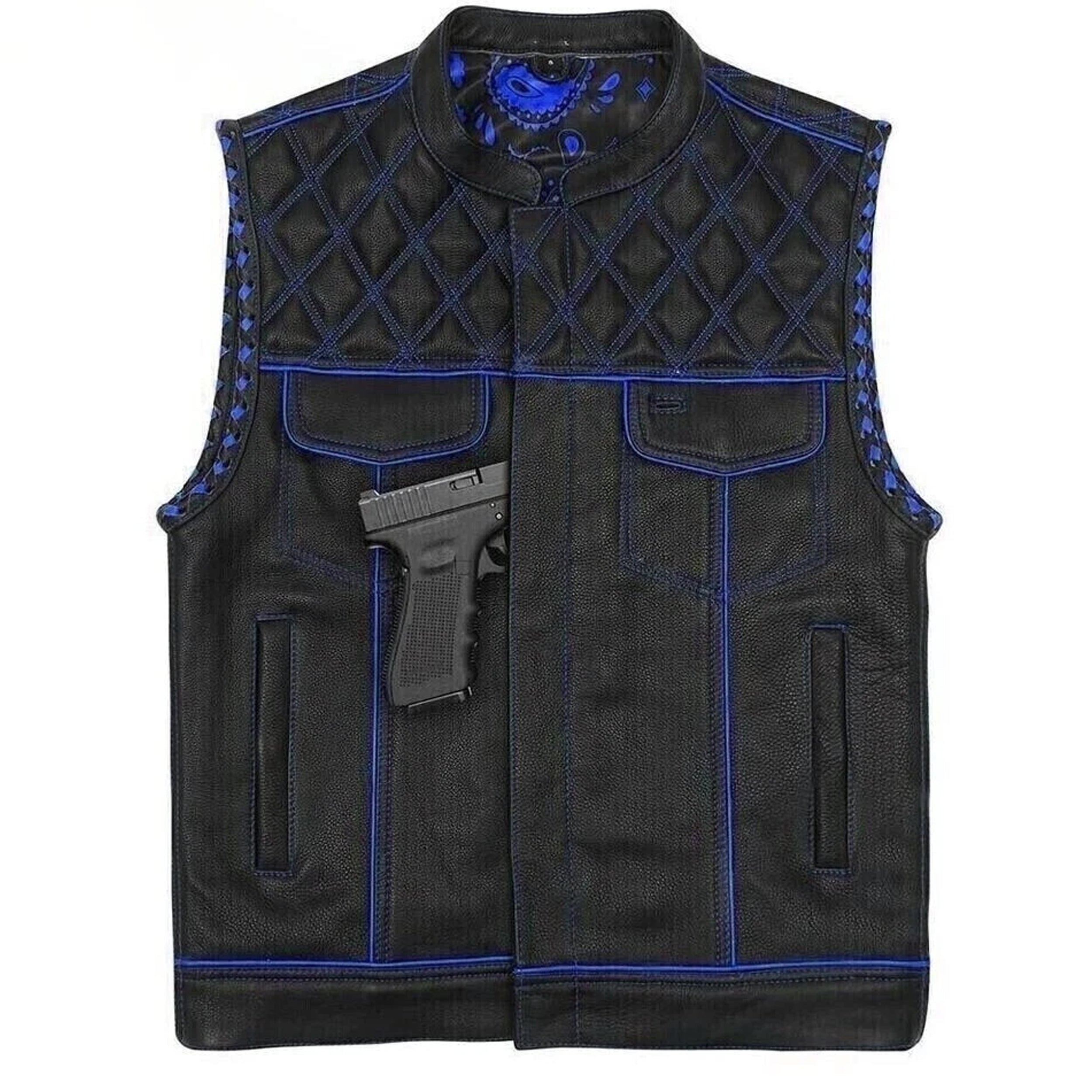 Men's Black Leather Diamond Stitch Motorcycle Vest Concealed Carry Blue Lining