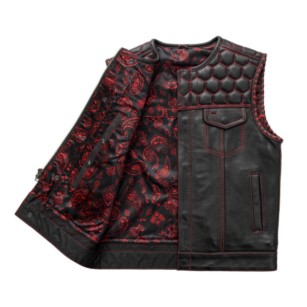 Men's Leather Vest Red paisley lining & Red Thread Concealed Waistcoat