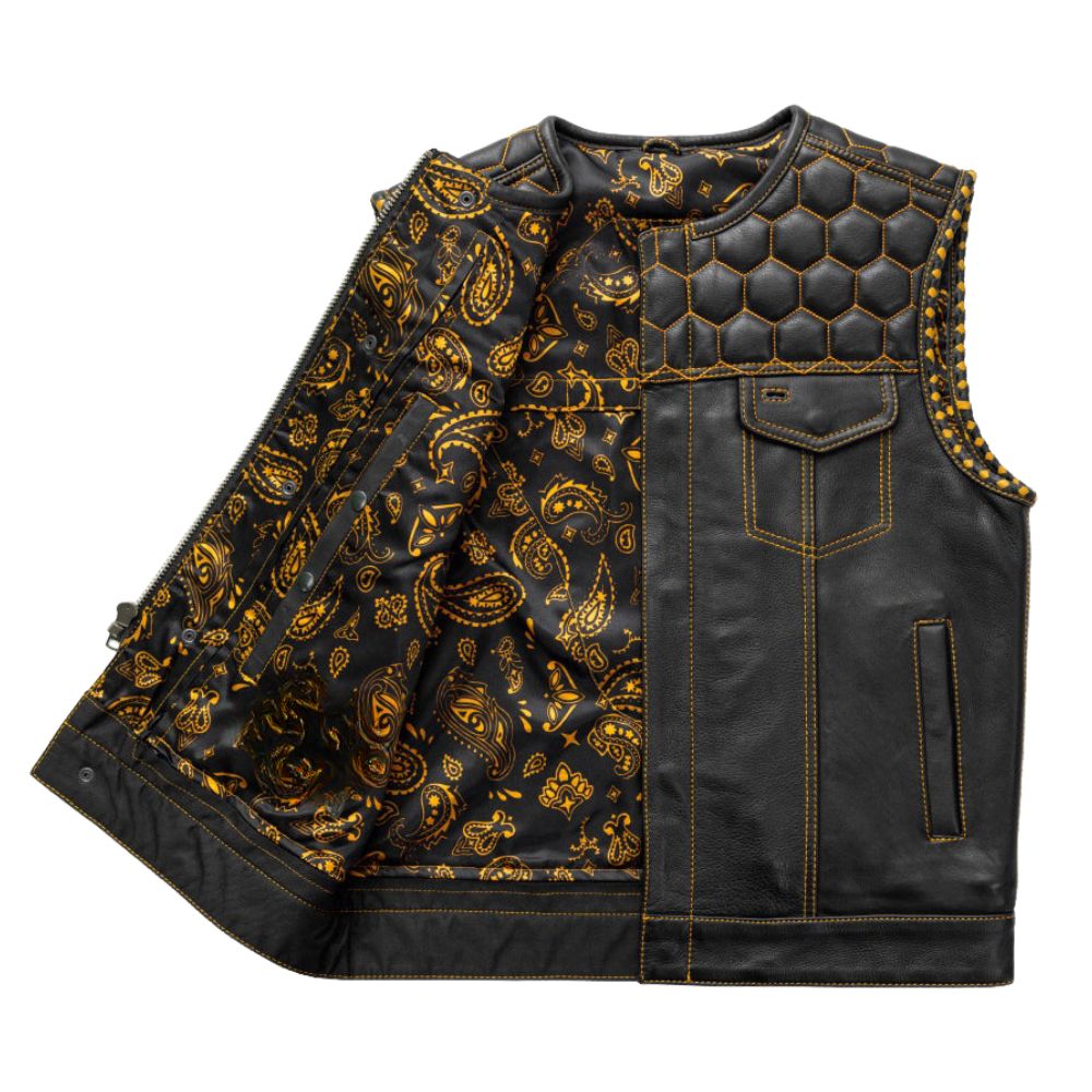 Men's Leather Vest Yellow paisley lining & Yellow Thread Concealed Waistcoat
