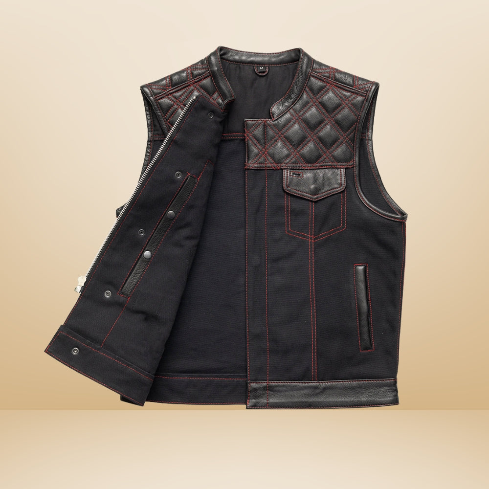 Hunt Club Motorcycle Leather Canvas Vest – Black/Red