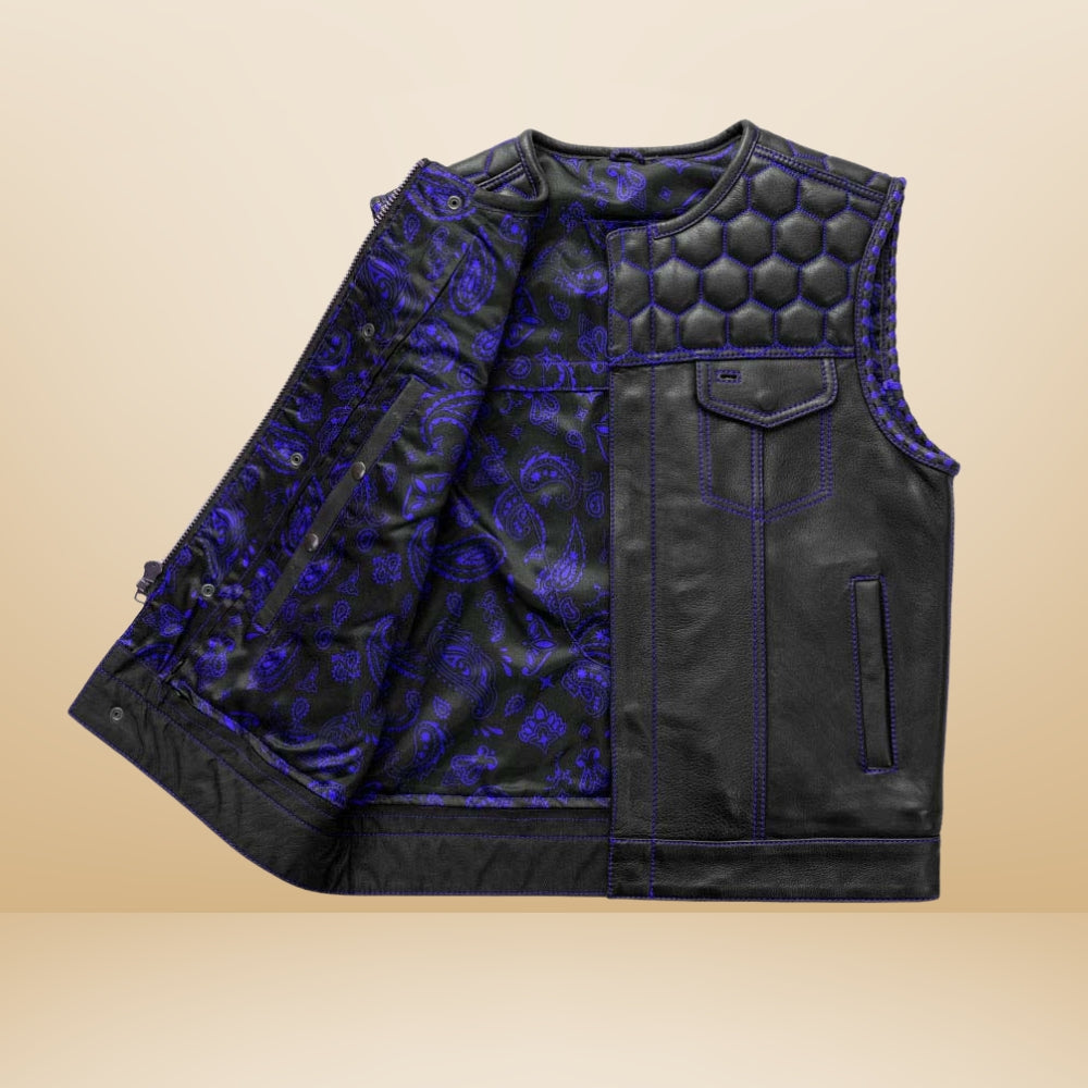 Men's Leather Vest Blue paisley lining & Blue Thread Concealed Waistcoat