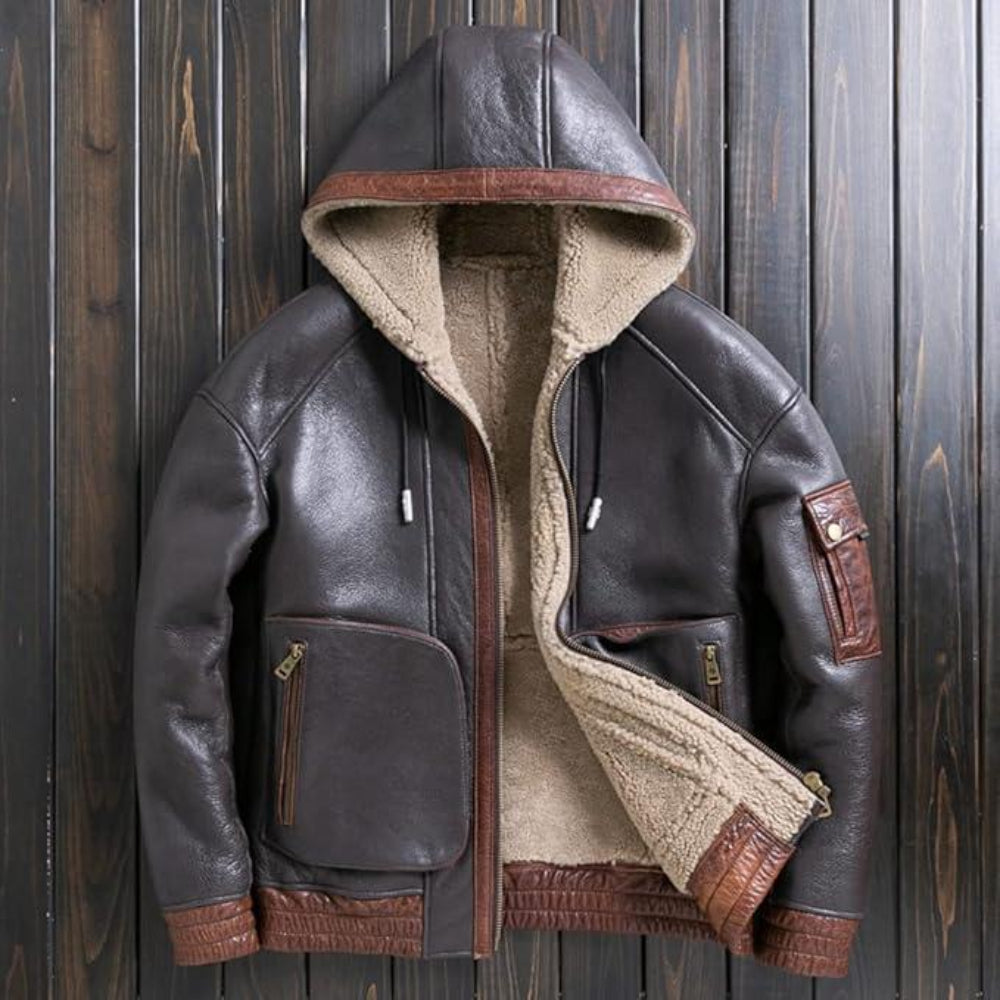 Men’s Brown Bomber Winter Jacket - Genuine Sheepskin Leather, Faux Fur Lined, Hooded Streetwear Coat.