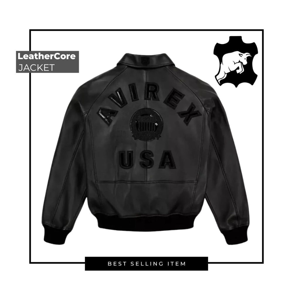 Avirex Men’s Black American bomber Flight style Genuine Cowhide Leather Jacket