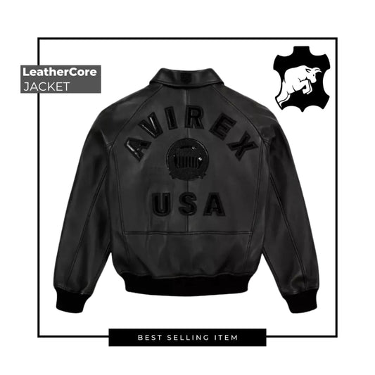 Avirex Men’s Black American bomber Flight style Genuine Cowhide Leather Jacket