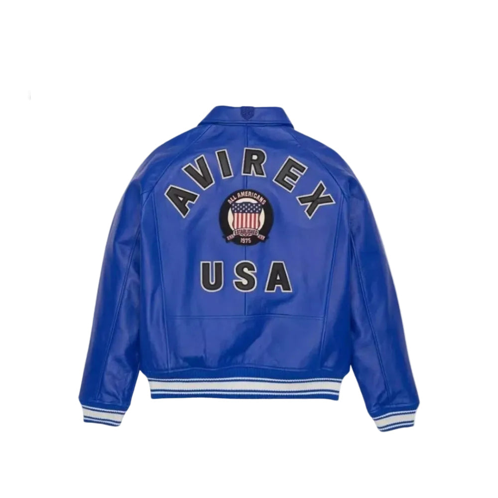 Avirex Men’s Blue American bomber Flight style Genuine Cowhide Leather Jacket