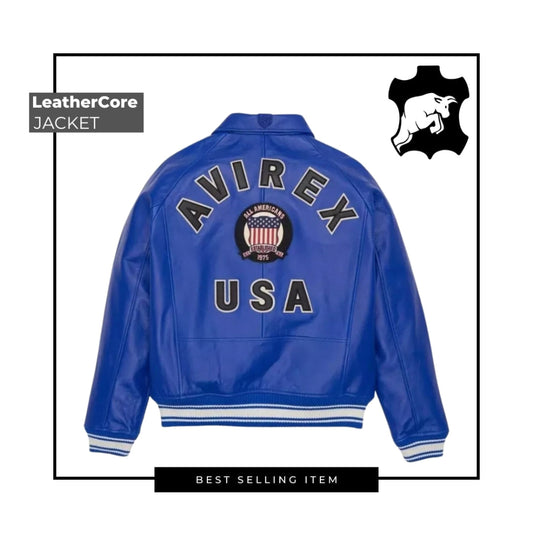 Avirex Men’s Blue American bomber Flight style Genuine Cowhide Leather Jacket