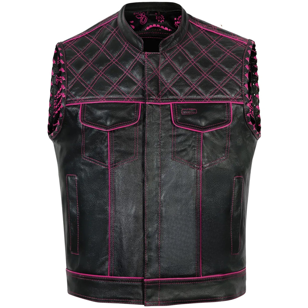 Diamond Quilted Leather Biker Vest: Black & Pink Hunt Club Waistcoat