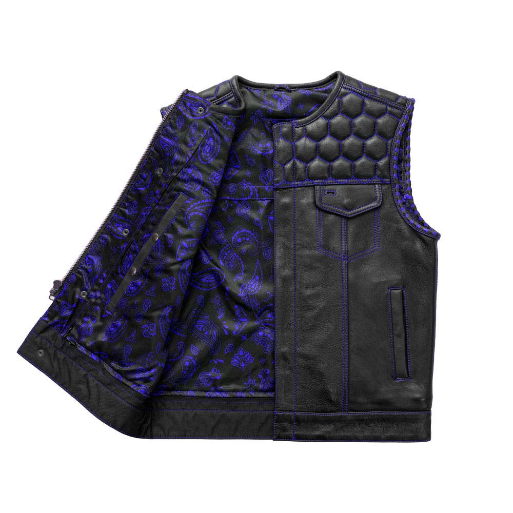 Men's Leather Vest Blue paisley lining & Blue Thread Concealed Waistcoat