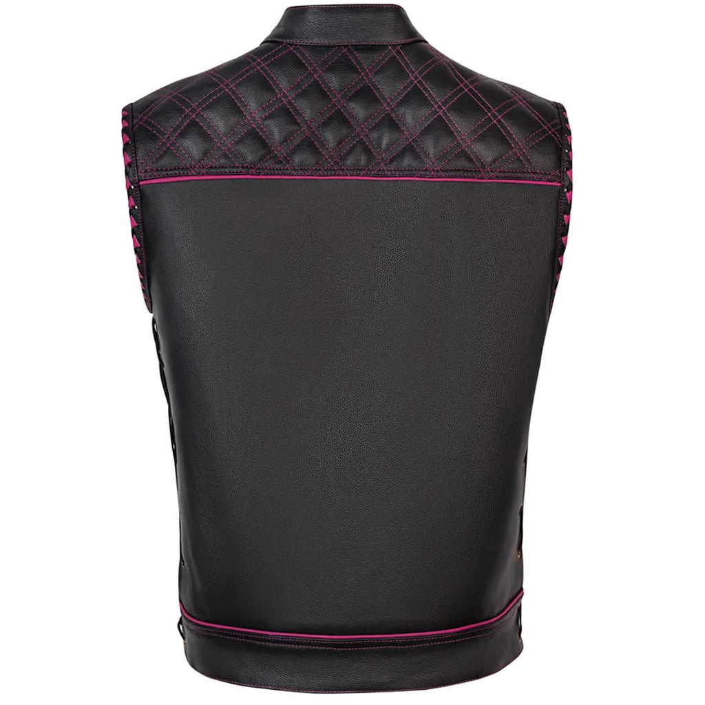 Handmade Leather Biker Vest: Diamond Quilted Black & Pink Motorcycle Riding Vest