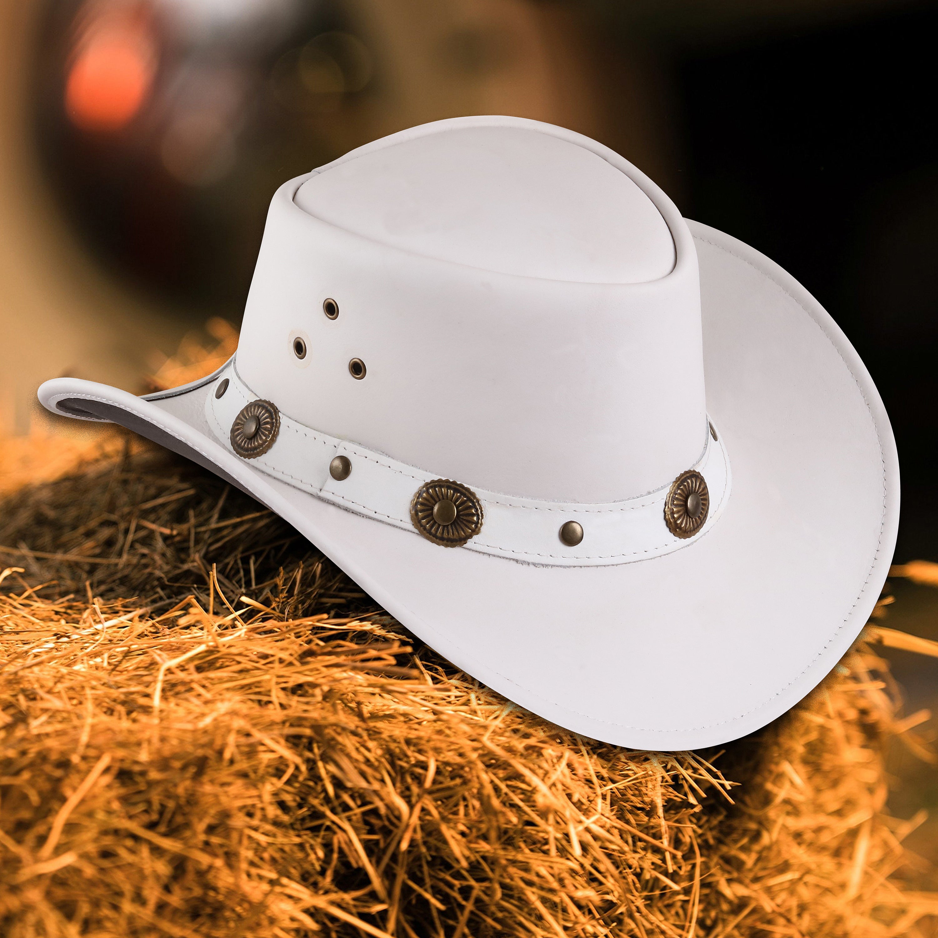 Handmade White Leather Cowboy Hat – Western Outback Style with Concho Band