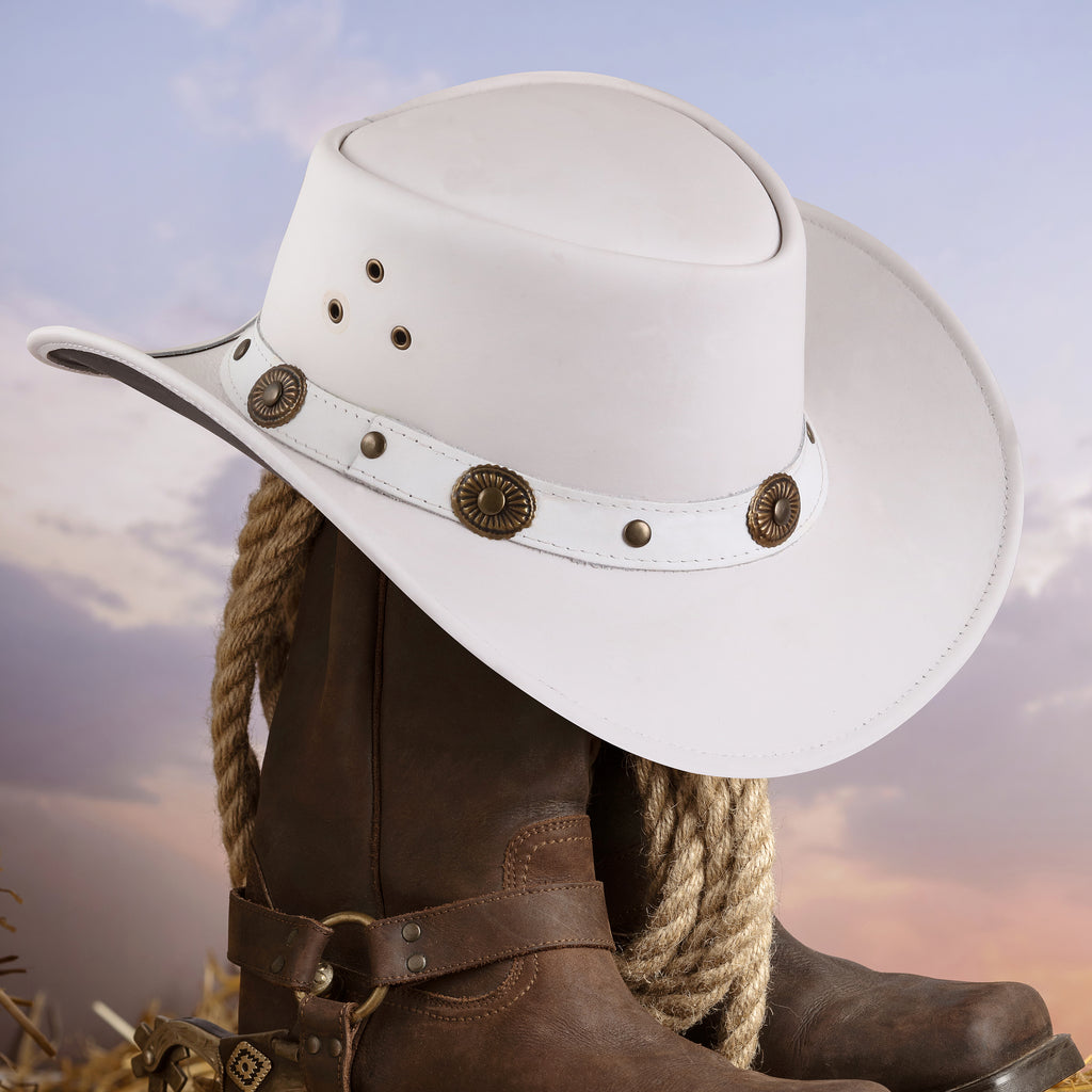 Handmade White Leather Cowboy Hat – Western Outback Style with Concho Band