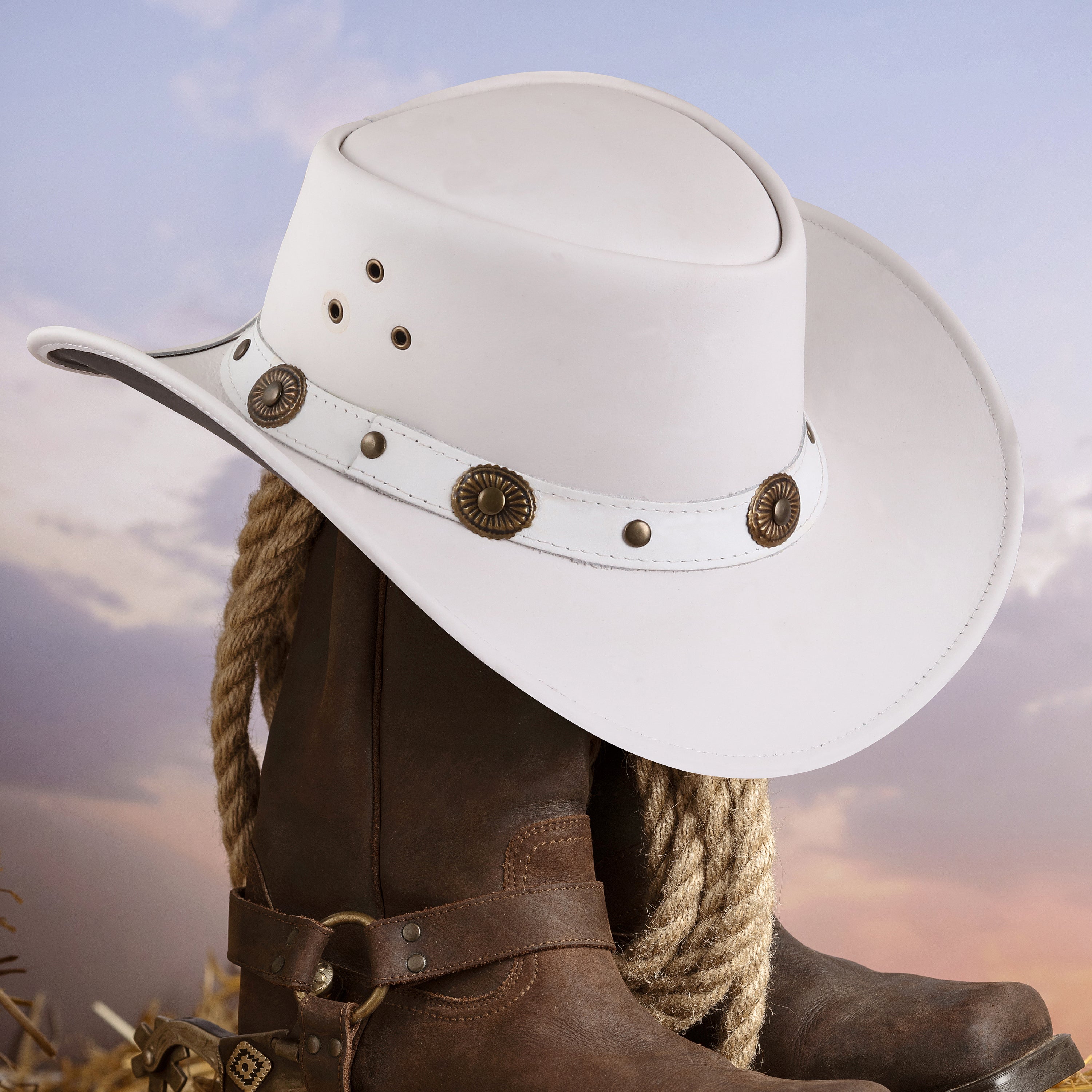 Handmade White Leather Cowboy Hat – Western Outback Style with Concho Band