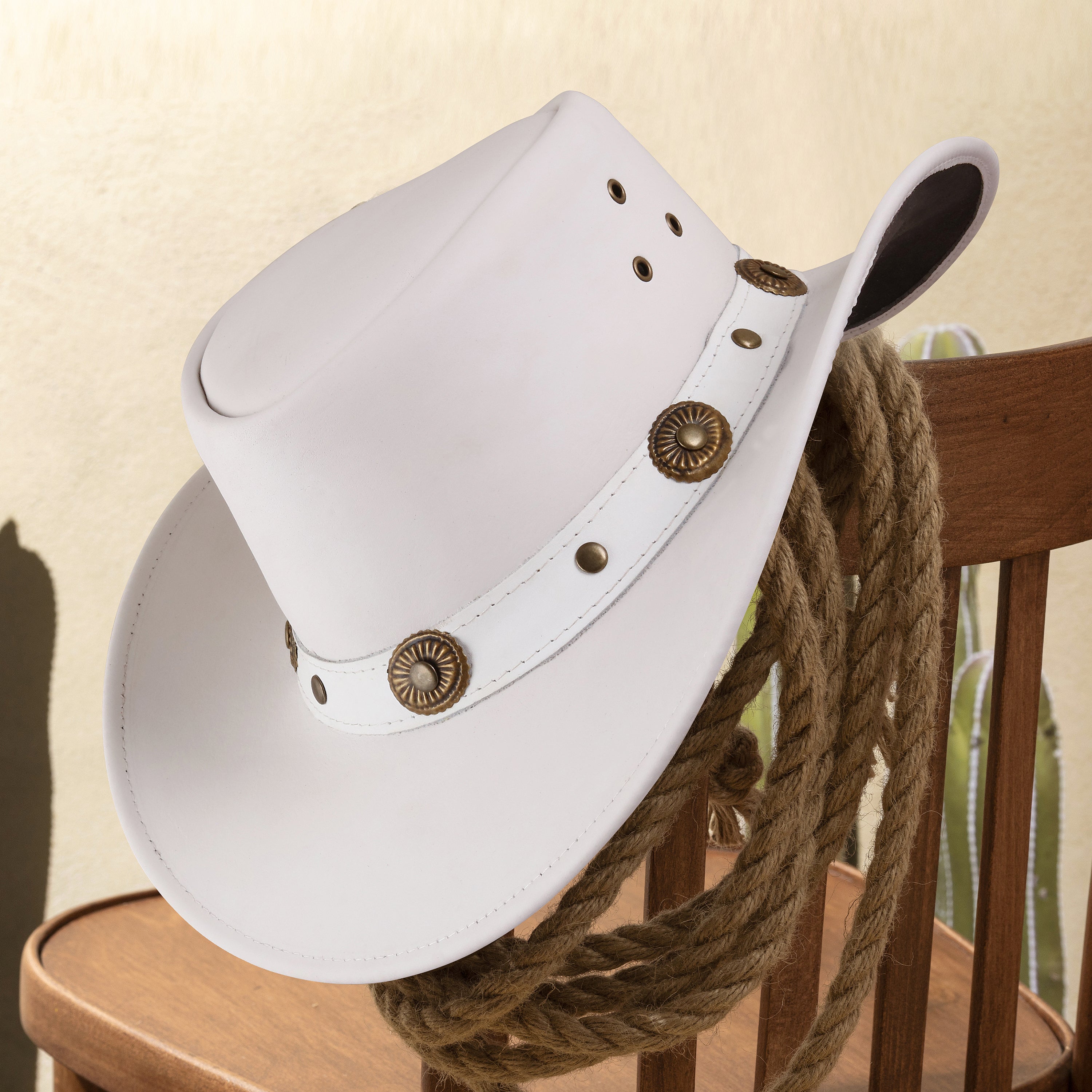 Handmade White Leather Cowboy Hat – Western Outback Style with Concho Band