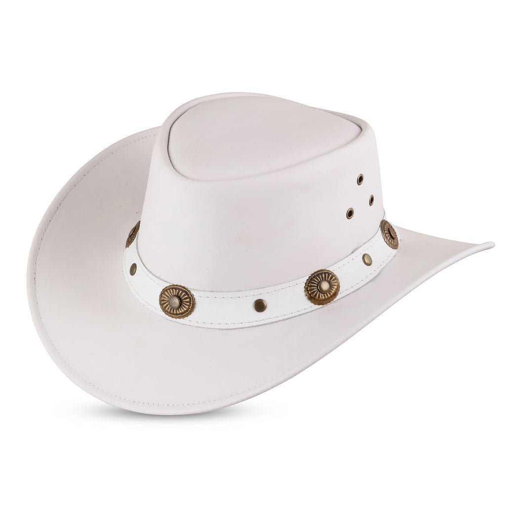 Handmade White Leather Cowboy Hat – Western Outback Style with Concho Band