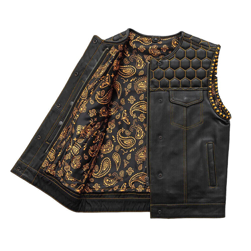 Men's Leather Vest With Black-Yellow Paisley Inner Lining Motorcycle Concealed Waistcoat